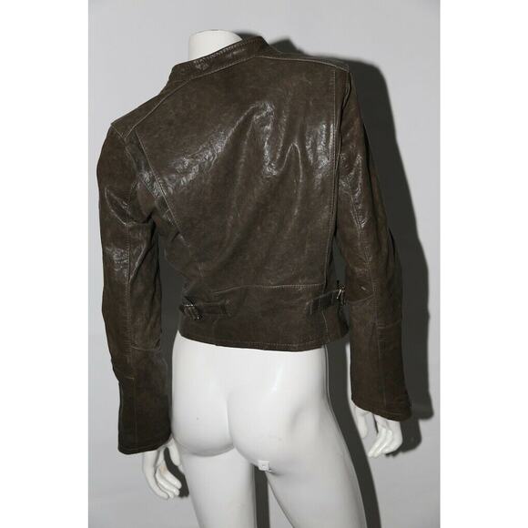 TRUE RELIGION Womens Brown Green Leather Biker Jacket Size S - Picture 3 of 12